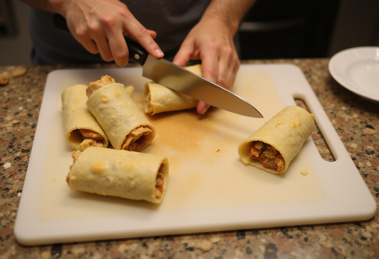 Rollitos de Pollo Caesar con Camarones a la Parrilla listos para cortar y servir.