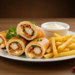 Finished rollitos de pollo tipo Big Mac with homemade sauce, perfect for serving.