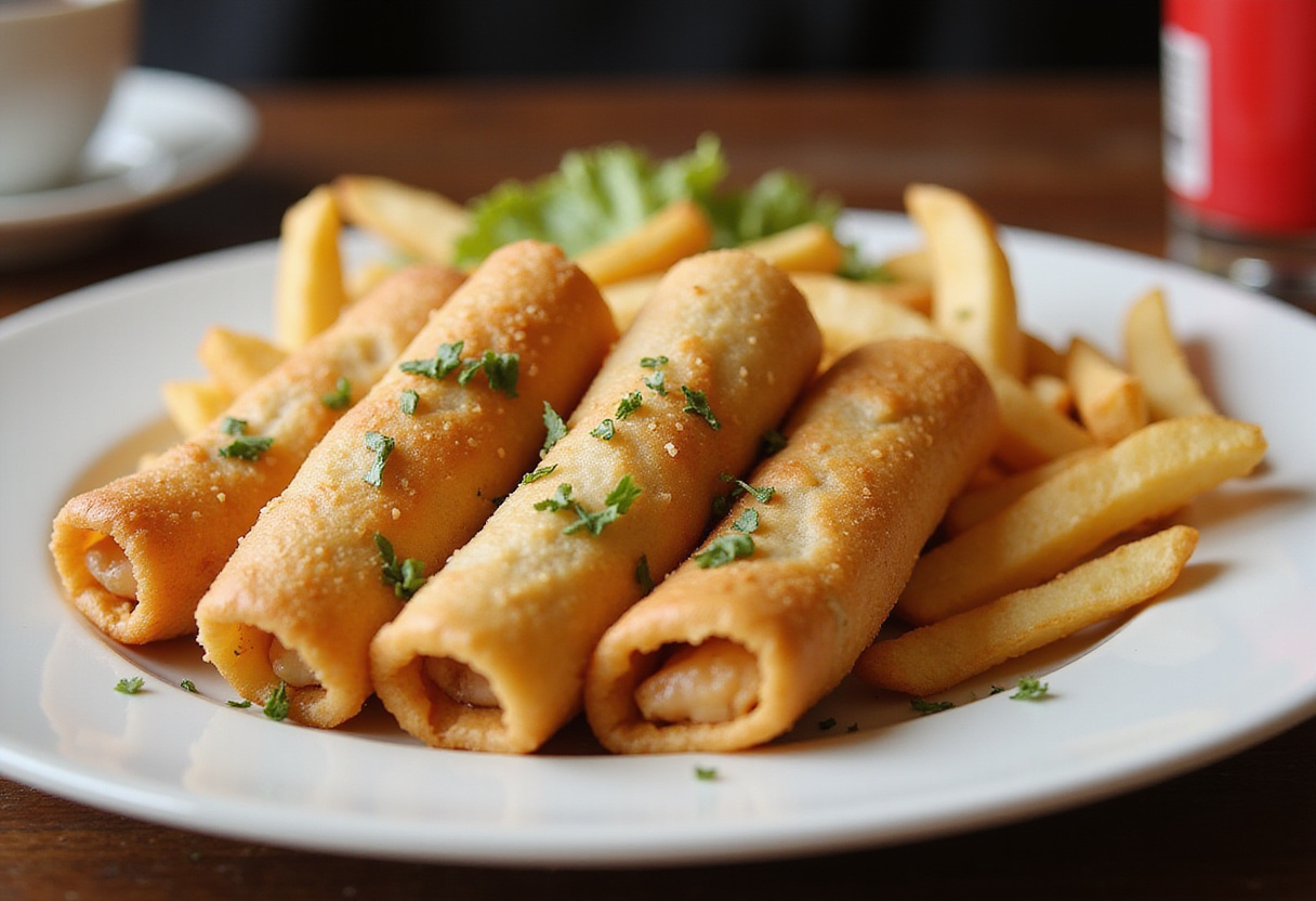 Finished rollitos de pollo tipo Big Mac with homemade sauce, perfect for serving.