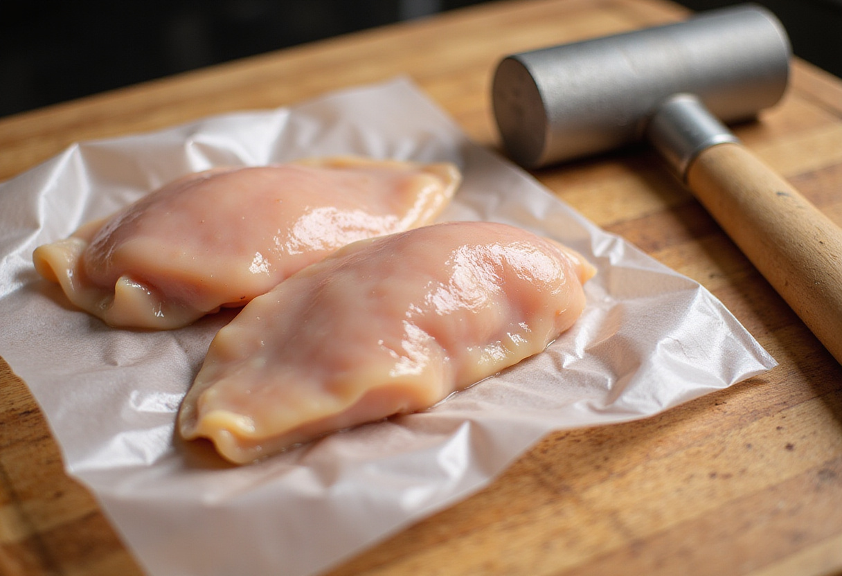 Pounding chicken breasts flat to prepare rollitos de pollo tipo Big Mac.