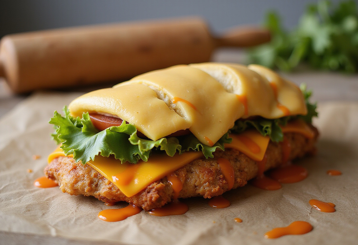 Filling chicken breasts with ingredients for rollitos de pollo tipo Big Mac recipe.