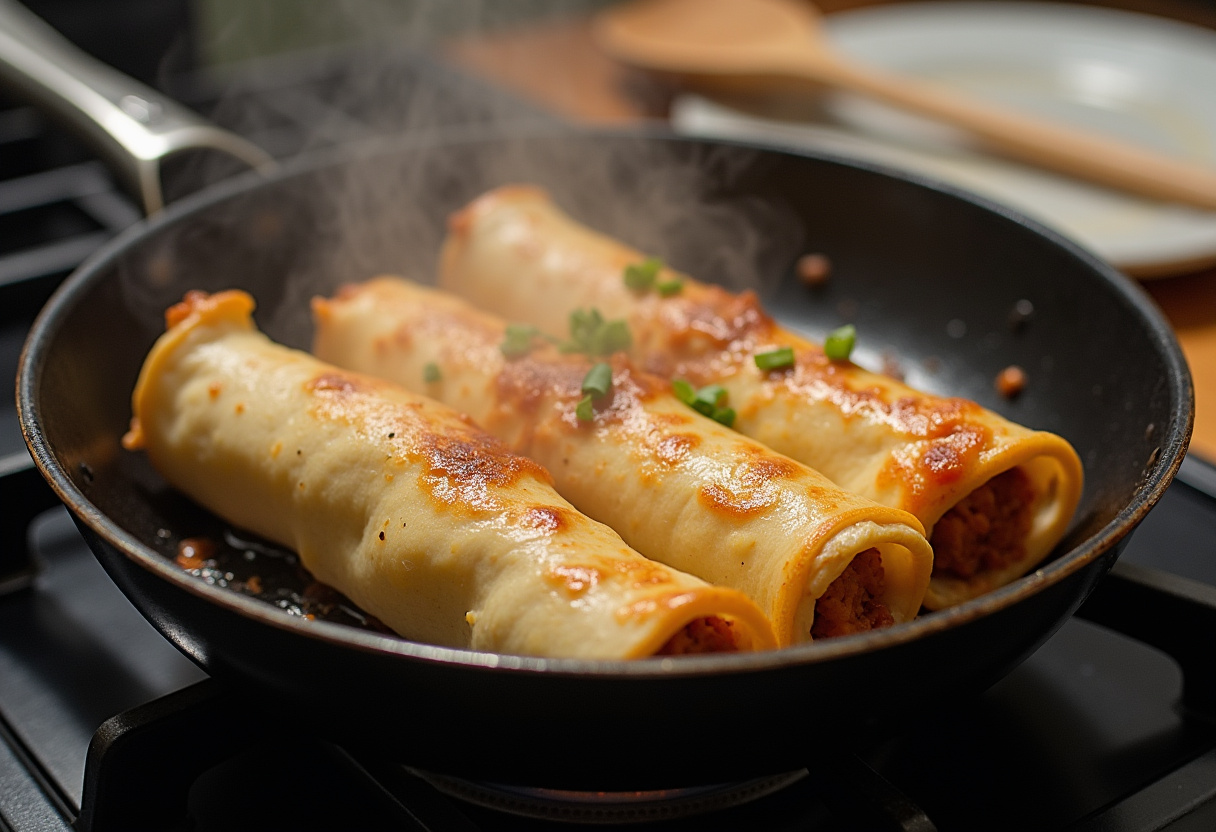 Cooking rollitos de pollo tipo Big Mac in a skillet until golden brown.