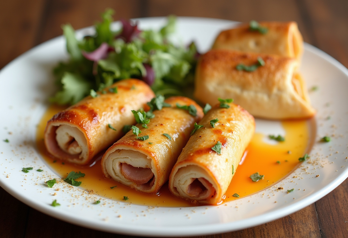Rollitos de pollo rellenos de jamón y queso perfectamente presentados con guarnición.