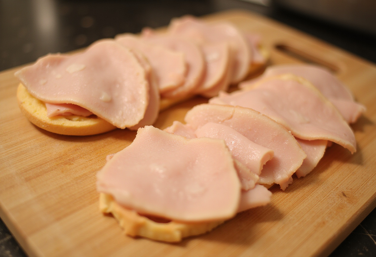 Rollitos de pollo preparados con pechugas de pollo listas para rellenar con jamón y queso.