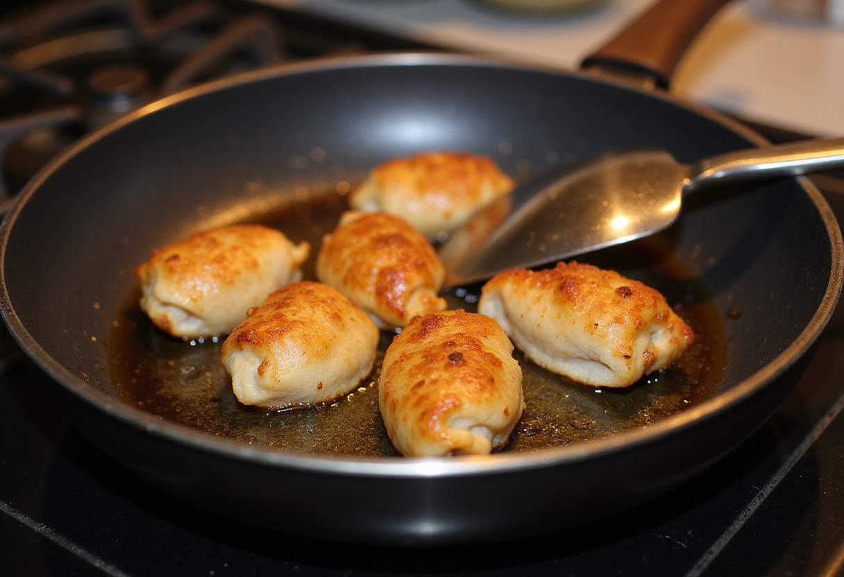 Rollitos de pollo dorándose en una sartén, listos para disfrutar.