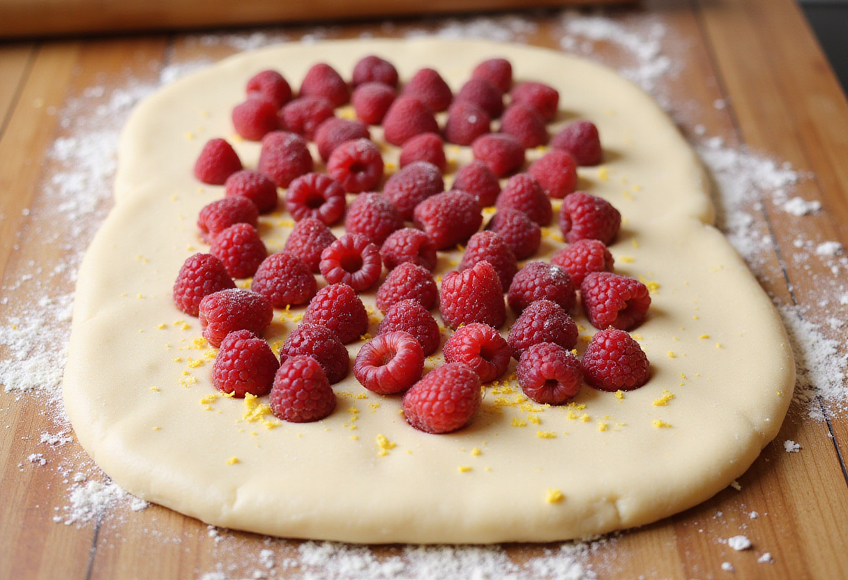Masa brioche estirada con frambuesas y ralladura de limón para rollos de brioche.