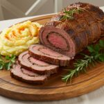 Rollo de carne relleno perfectamente presentado en un plato, ideal para disfrutar en la cena.