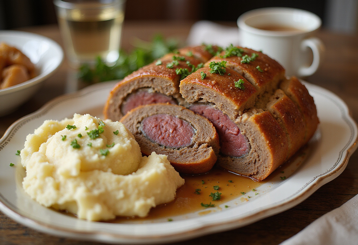 Rollo de carne relleno perfectamente presentado en un plato, ideal para disfrutar en la cena.
