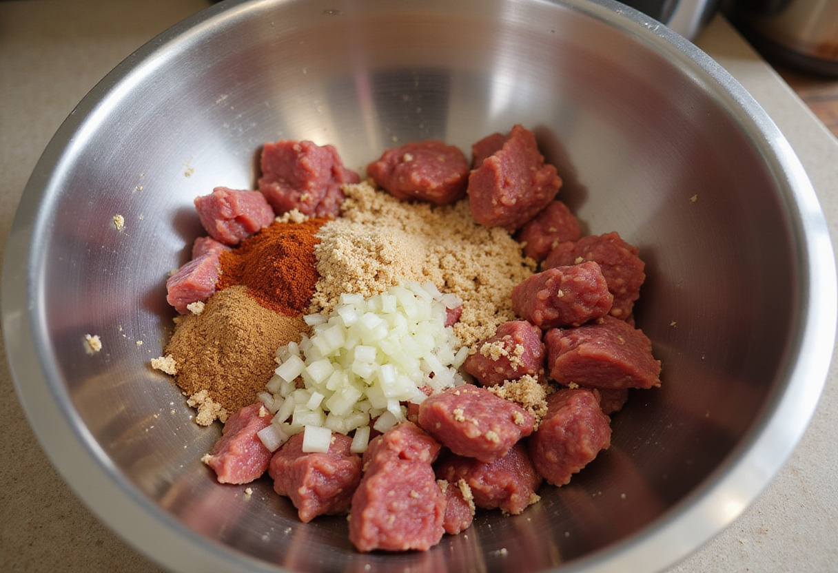 Mezcla de carne molida con pan rallado y especias para hacer rollo de carne.