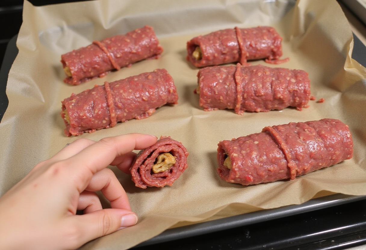 Rollo de carne sabroso preparado y colocado en una bandeja para hornear.