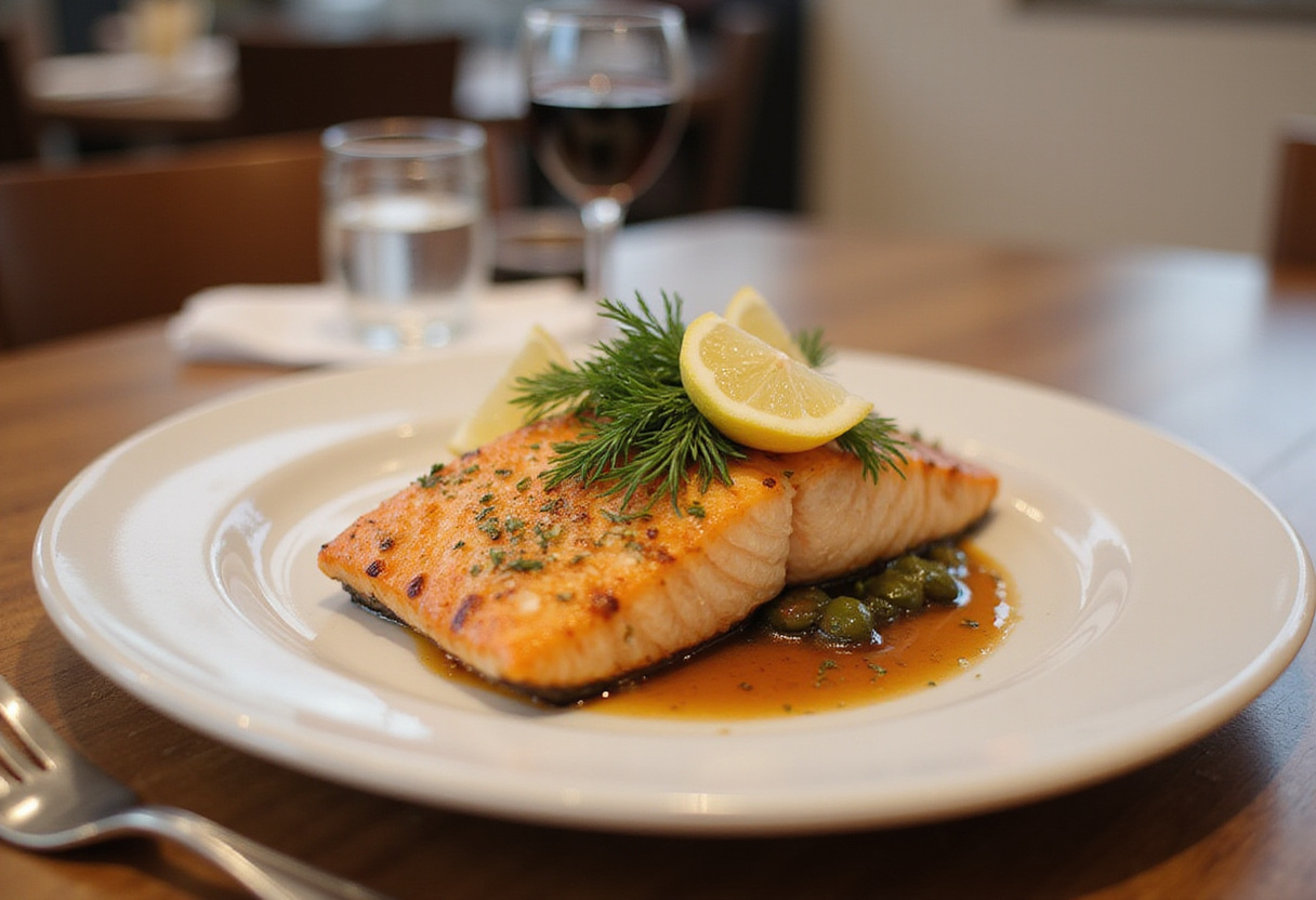 Salmón al horno con limón y eneldo listo para servir, un platillo de salmón gourmet perfecto para cenas.