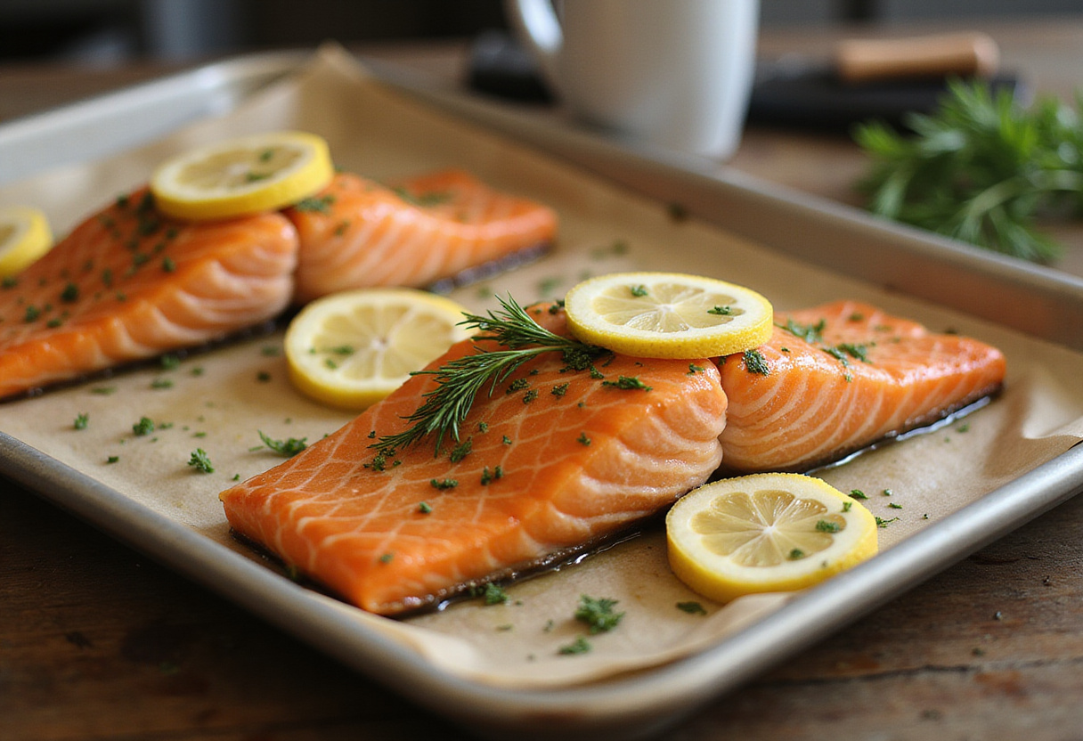 Salmón al horno preparado con rodajas de limón y eneldo en una bandeja para hornear.