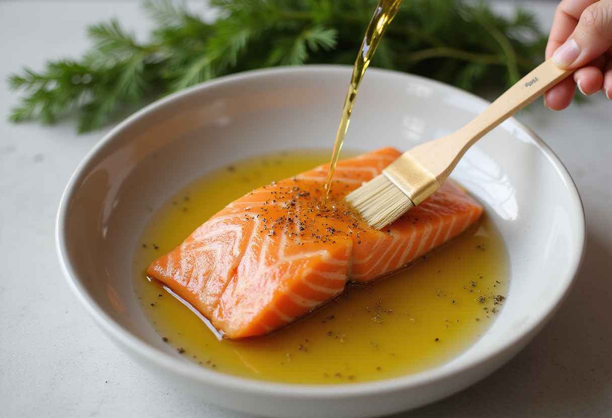 Aceite de oliva siendo vertido sobre el salmón al horno para la receta de salmón al limón.