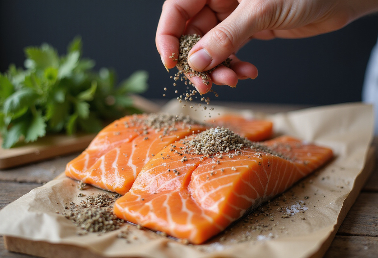 Sal y pimienta siendo añadidas al salmón al horno para resaltar el sabor en la receta de salmón fácil.