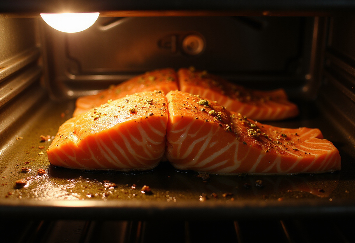 Salmón al horno cocinándose en el horno, un platillo de pescado delicioso hecho en casa.