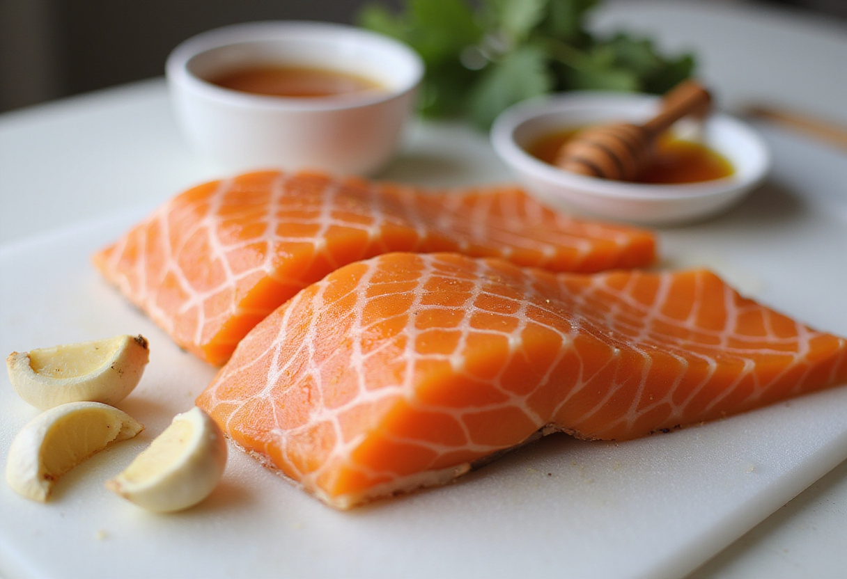 Preparación de salmón fresco y ajo para la receta de salmón con miel y ajo. Ingredientes frescos para un plato delicioso.