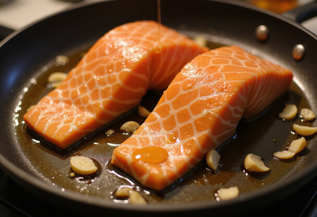 Salmón en la sartén con ajo siendo caramelizado con miel en la deliciosa receta de salmón crujiente. Observa cómo los ingredientes se fusionan para crear un plato exquisito.