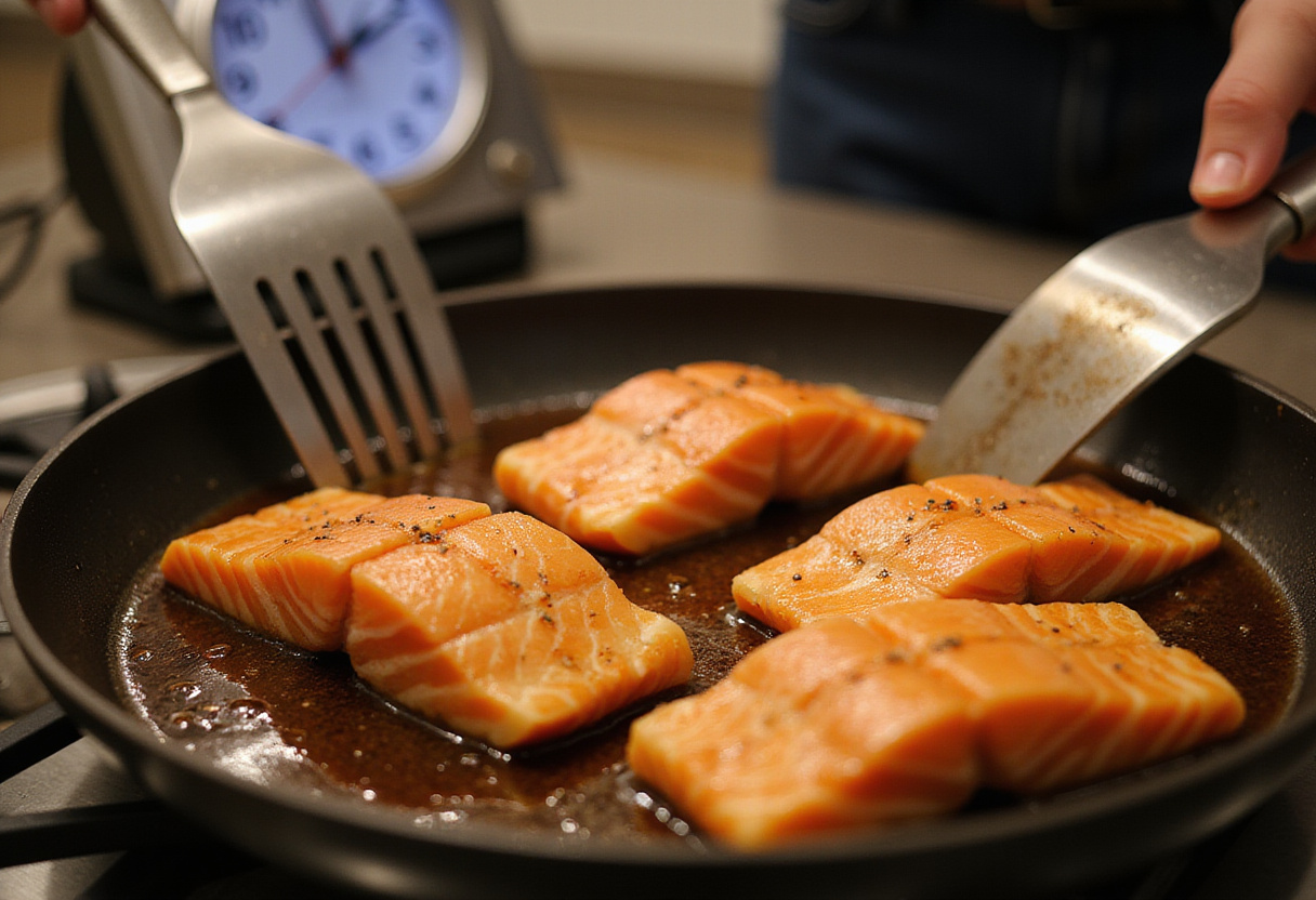 Salmón crujiente siendo volteado en la sartén, lista la receta de salmón con miel y ajo en 30 minutos. Un plato fácil y rápido para sorprender a tus invitados.