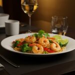 Plato final de salteado de camarones con fideos, ideal para una cena exótica.