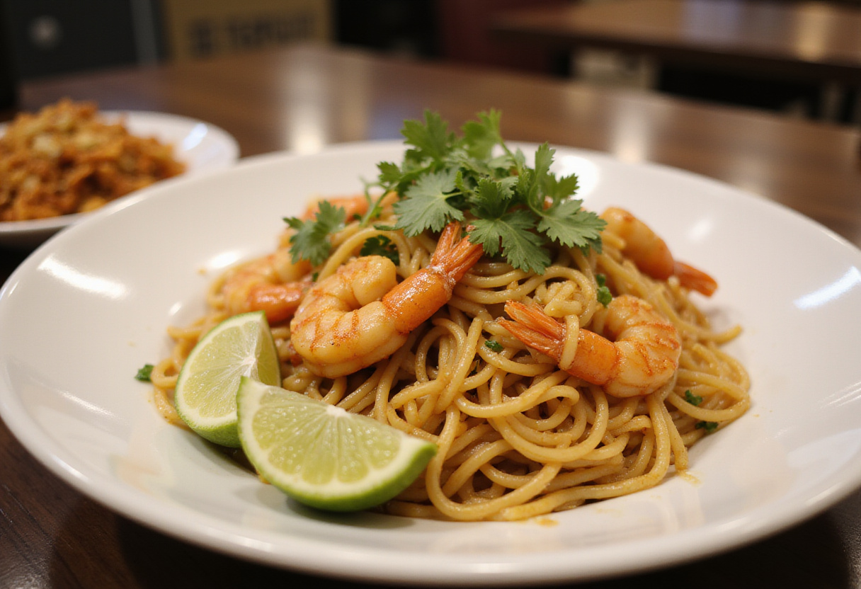 Plato final de salteado de camarones con fideos, ideal para una cena exótica.