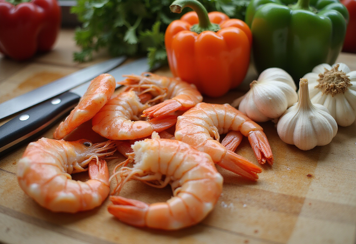 Ingredientes frescos para salteado de camarones, incluyendo camarones, pimientos y ajo.