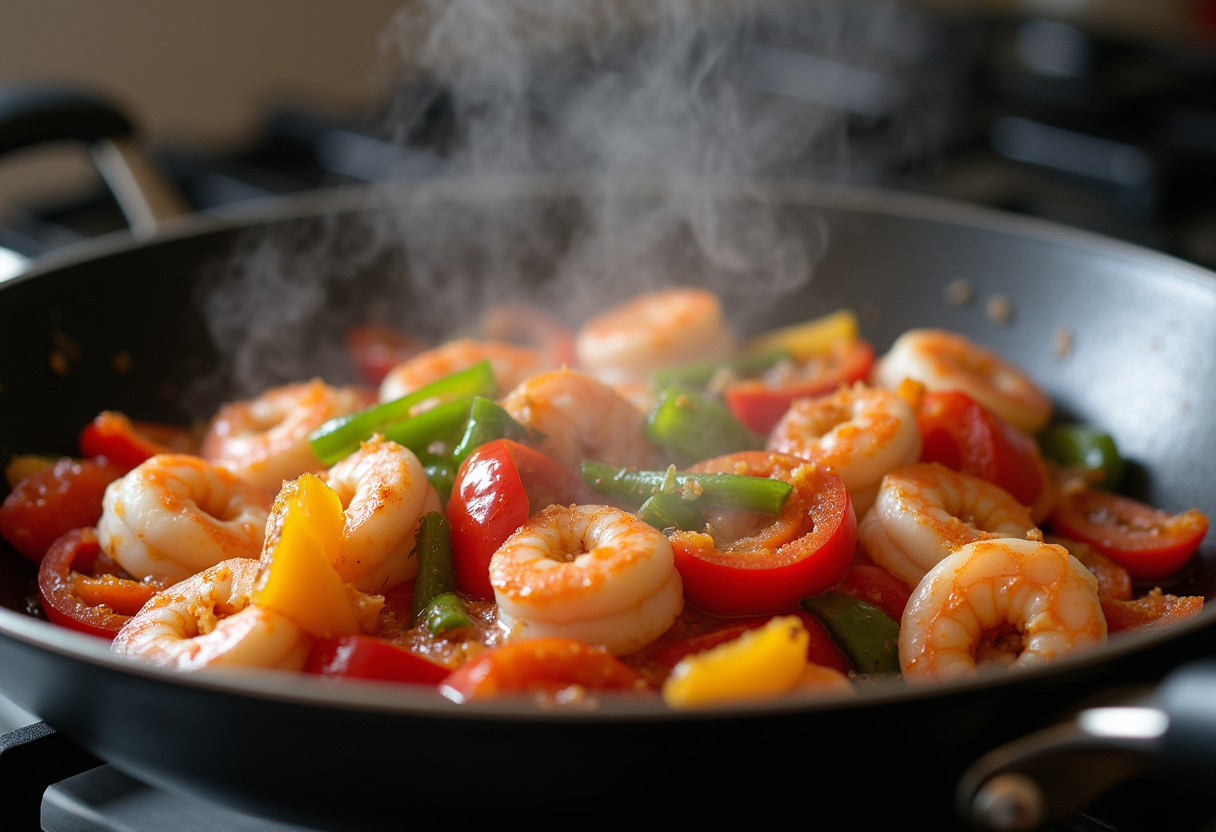 Camarones salteados con pimientos y ajo en la receta rápida de salteado de camarones.