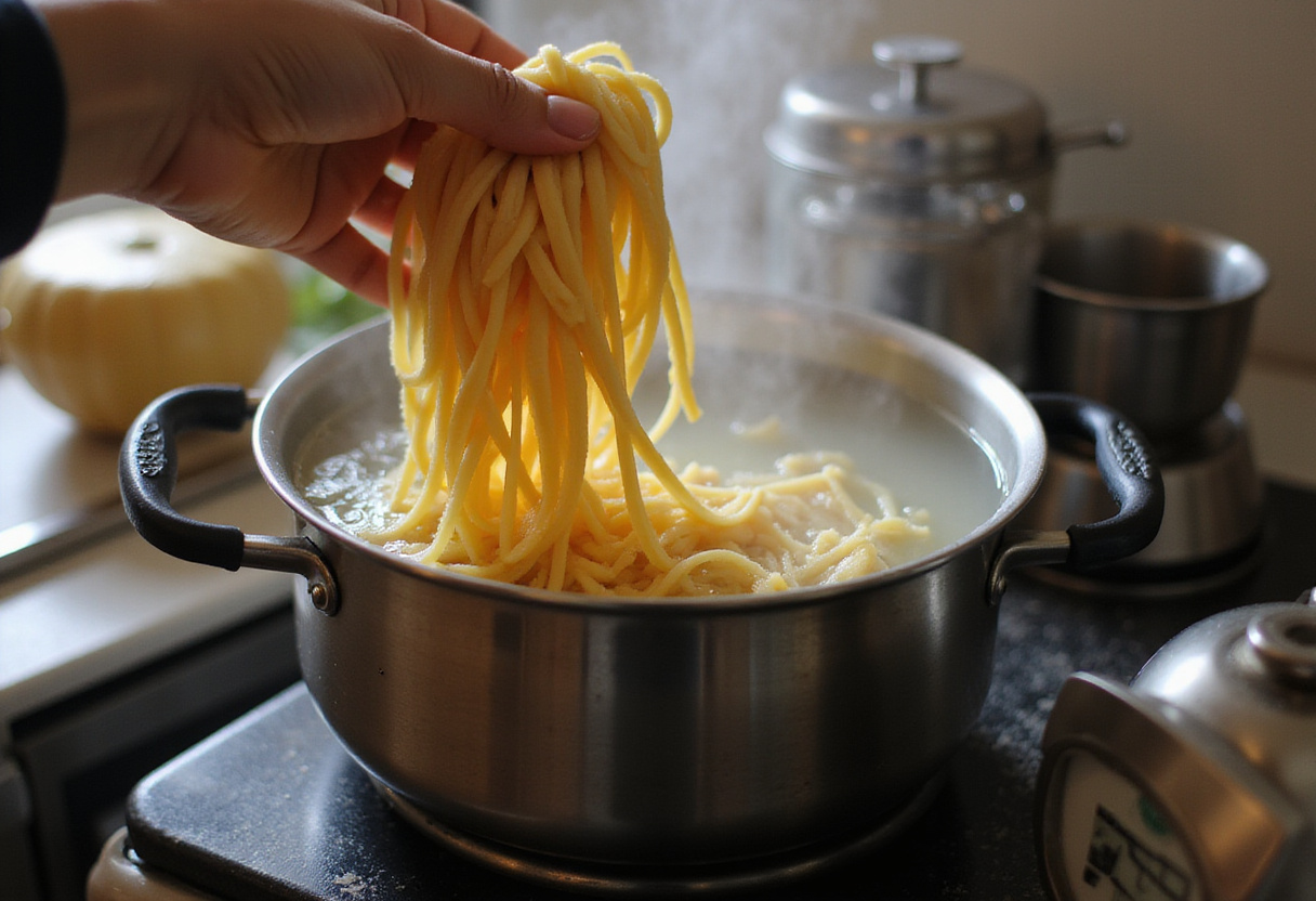 Fideos en agua hirviendo para la comida exótica de salteado de camarones.