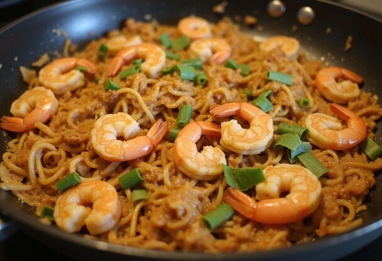 Salteado de camarones y fideos listos para servir en la receta rápida.