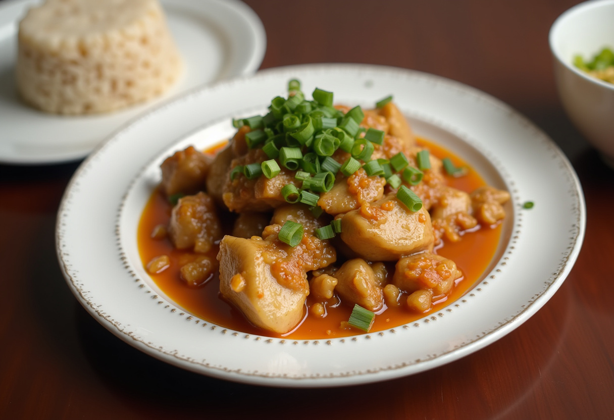 Plated salteado de pollo con verduras with garnishes, perfect for a vibrant meal.