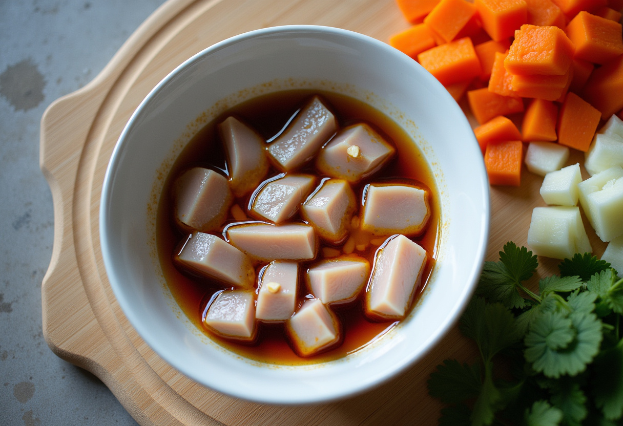 Diced chicken marinating for salteado de pollo con verduras with vegetables ready to be cooked.