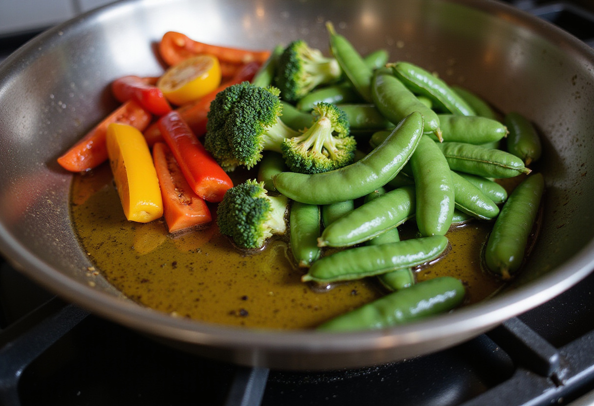 Cooking vegetables for salteado de pollo con verduras in a skillet with olive oil.