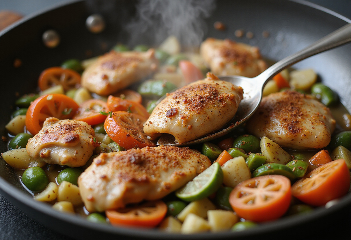 Stir-frying chicken and vegetables for salteado de pollo con verduras, enhancing the flavors.