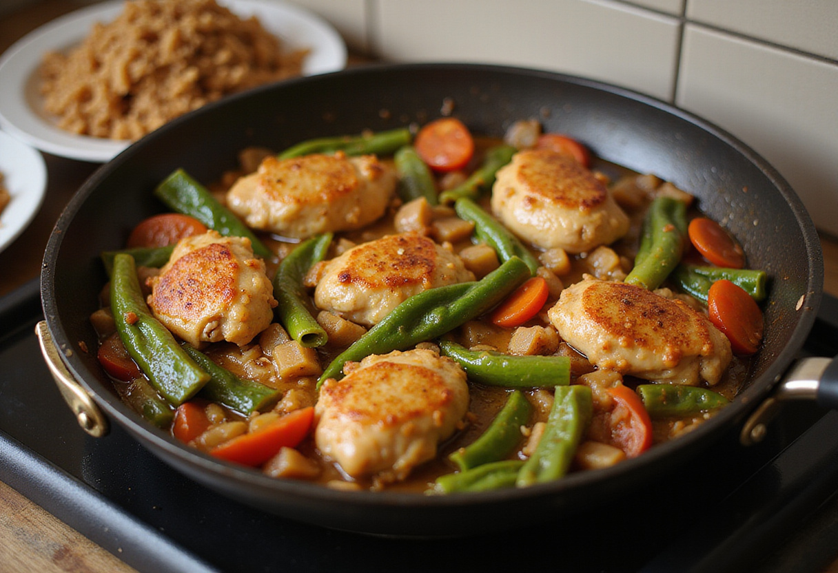 Sizzling salteado de pollo con verduras in a skillet, ready to be served with rice.
