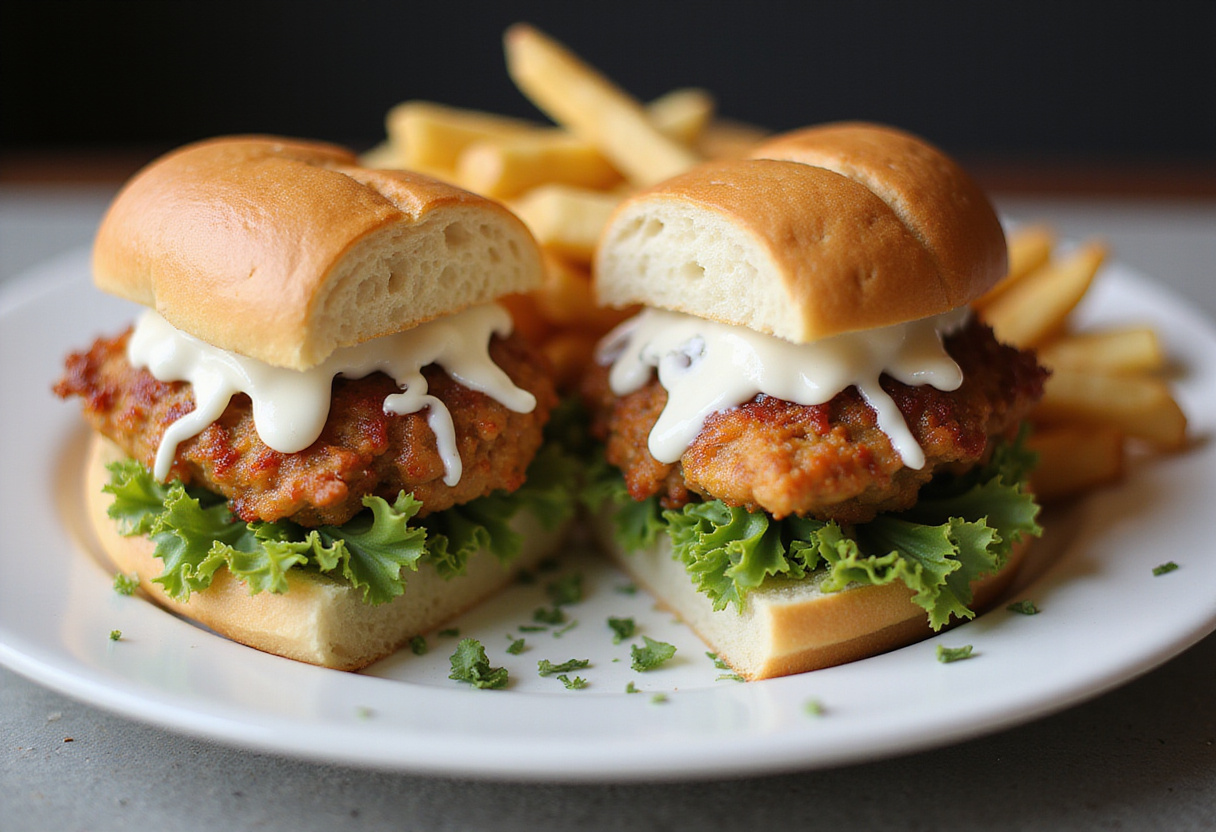 Sándwich césar crujiente de pollo terminado, acompañado de papas fritas, listo para disfrutar.
