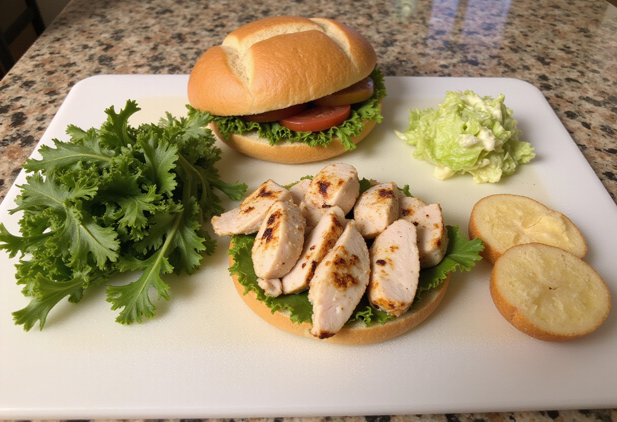 Ingredientes frescos dispuestos para hacer un sándwich césar de pollo crujiente.
