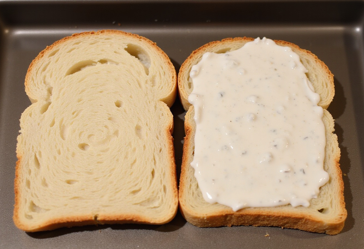 Pan ciabatta con aderezo César listo para armar el sándwich césar crujiente de pollo.