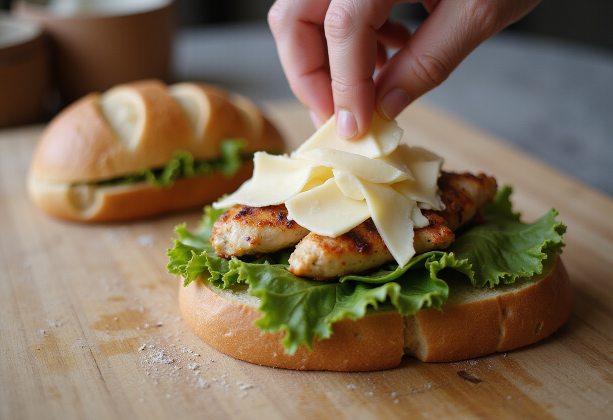 Montaje del sándwich césar de pollo crujiente con capas de lechuga y pollo.