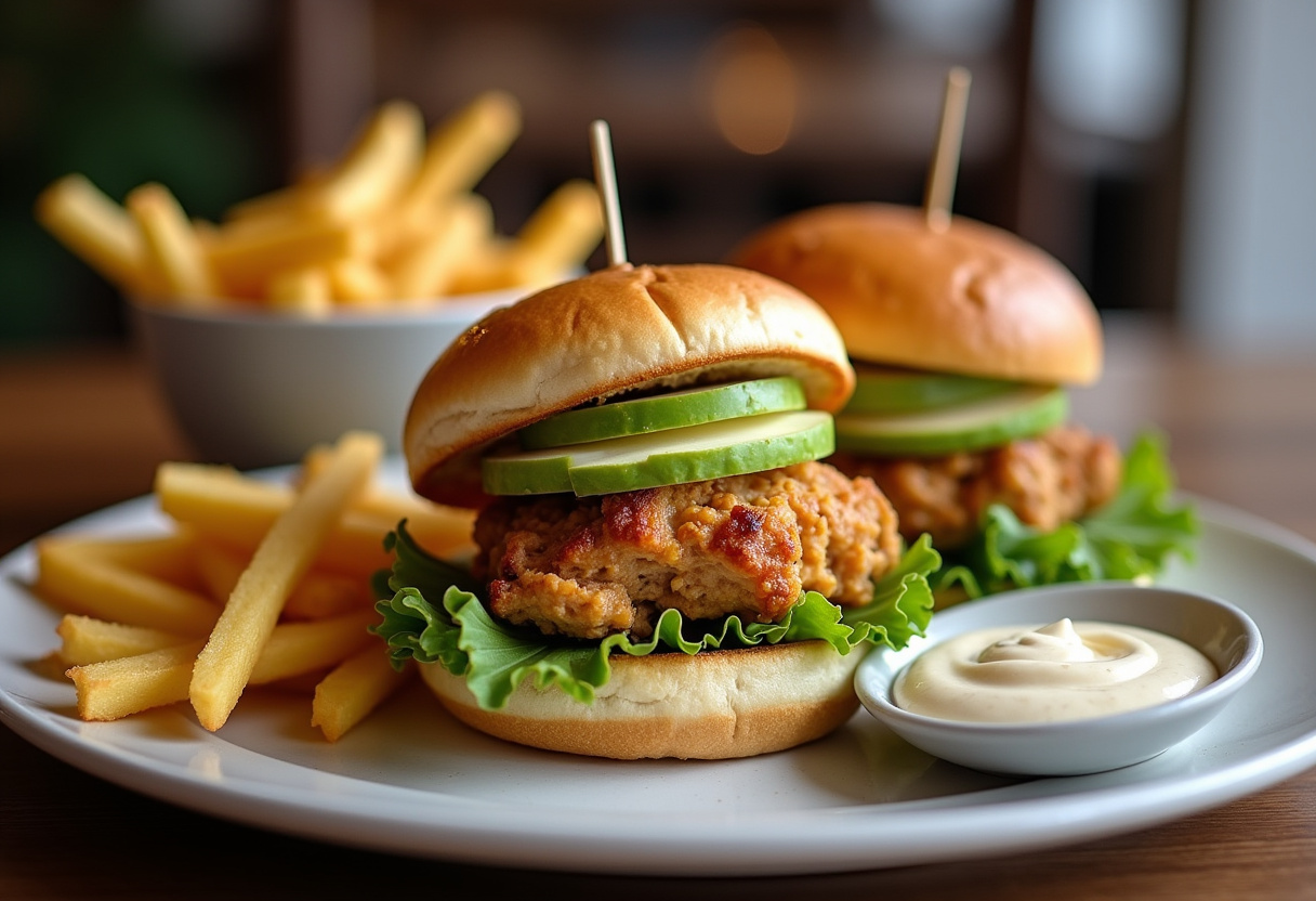 Sándwich de pollo derretido con aguacate y papas fritas, ideal para una comida deliciosa.