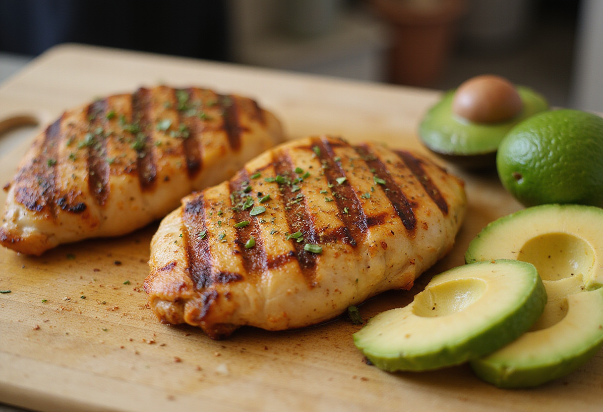 Pollo a la parrilla preparado para el sándwich de pollo cremoso y crujiente.