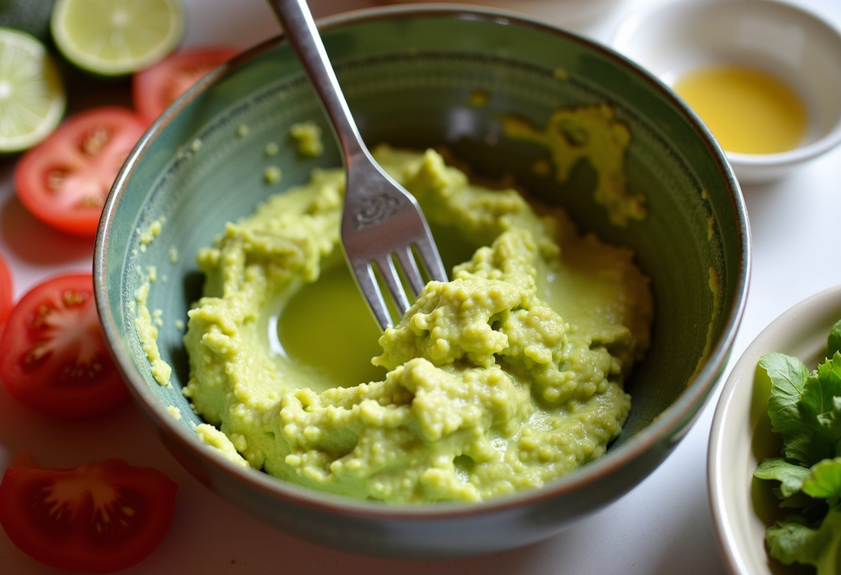 Aguacate machacado listo para un sándwich de pollo cremoso con vegetales frescos.