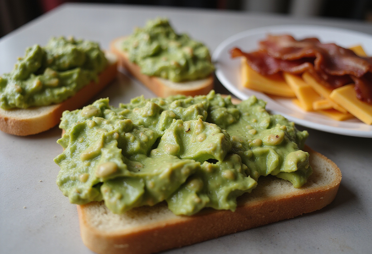 Rebanadas de pan tostado con aguacate para el sándwich crujiente de pollo.