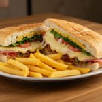 Sándwich mixto terminado, delicioso y crujiente, acompañado de papas fritas.