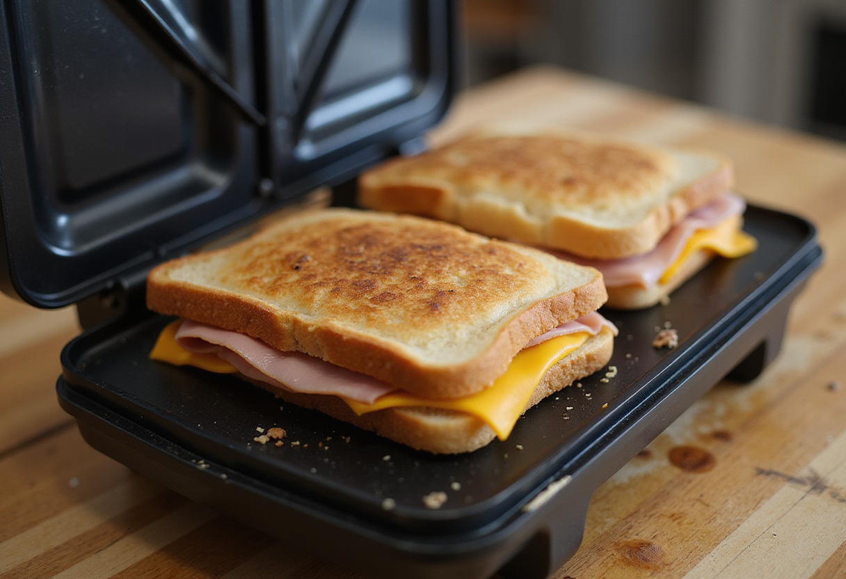 Sándwich fácil de jamón y queso listo para ser tostado en una prensa.