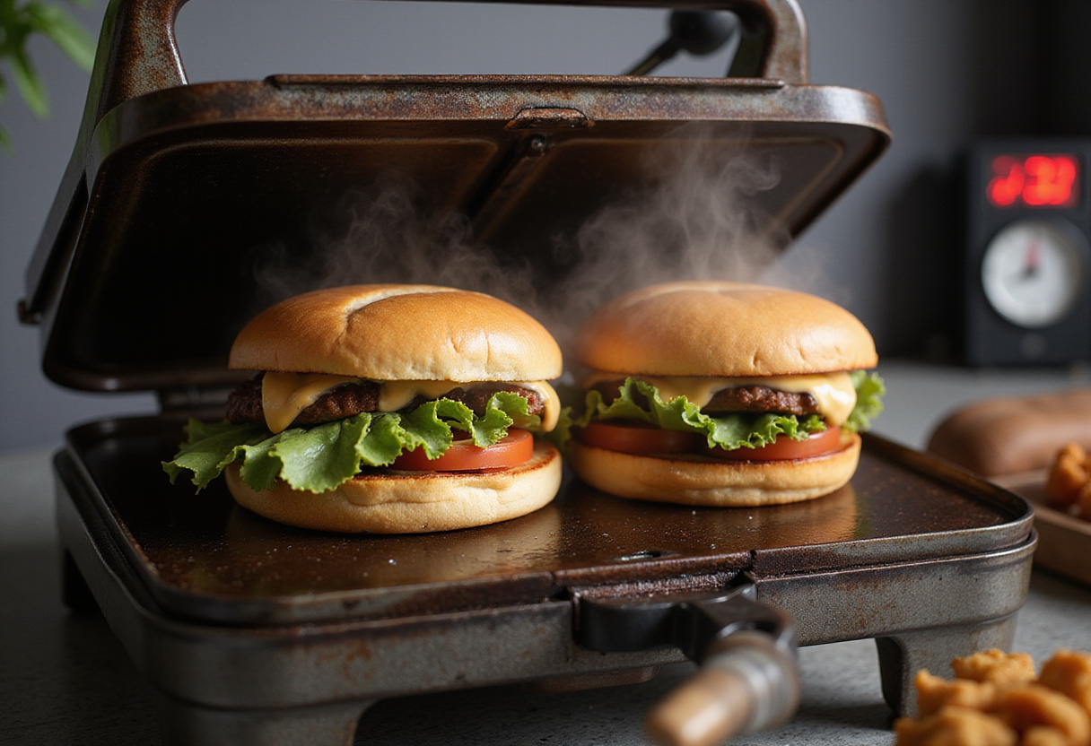 Sándwich de jamón y queso cocinándose en la prensa para una deliciosa receta de sándwich mixto.