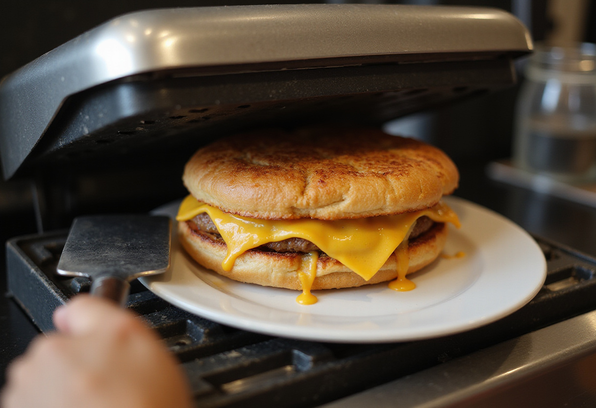 Sándwich tostado de jamón y queso recién sacado de la prensa.