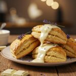 Scones de mora servidos con chocolate blanco, perfectos para disfrutar con un té.