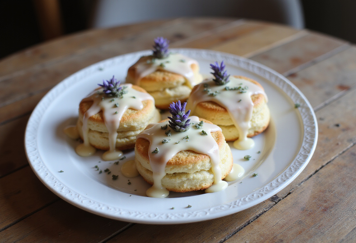 Scones de mora servidos con chocolate blanco, perfectos para disfrutar con un té.