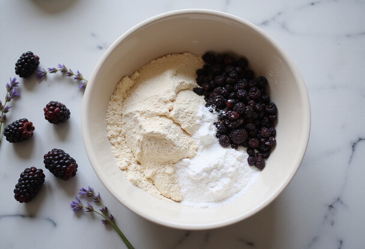 Ingredientes para scones de mora, harina, polvo de hornear y azúcar con moras frescas.