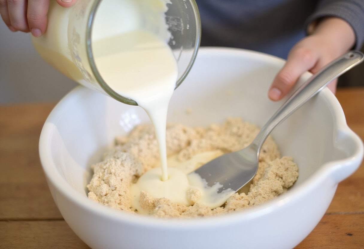 Vertiendo suero de leche en la mezcla seca para scones de mora.