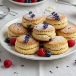 Scones de mora, lavanda y chocolate blanco recién horneados, perfectos para un postre elegante.